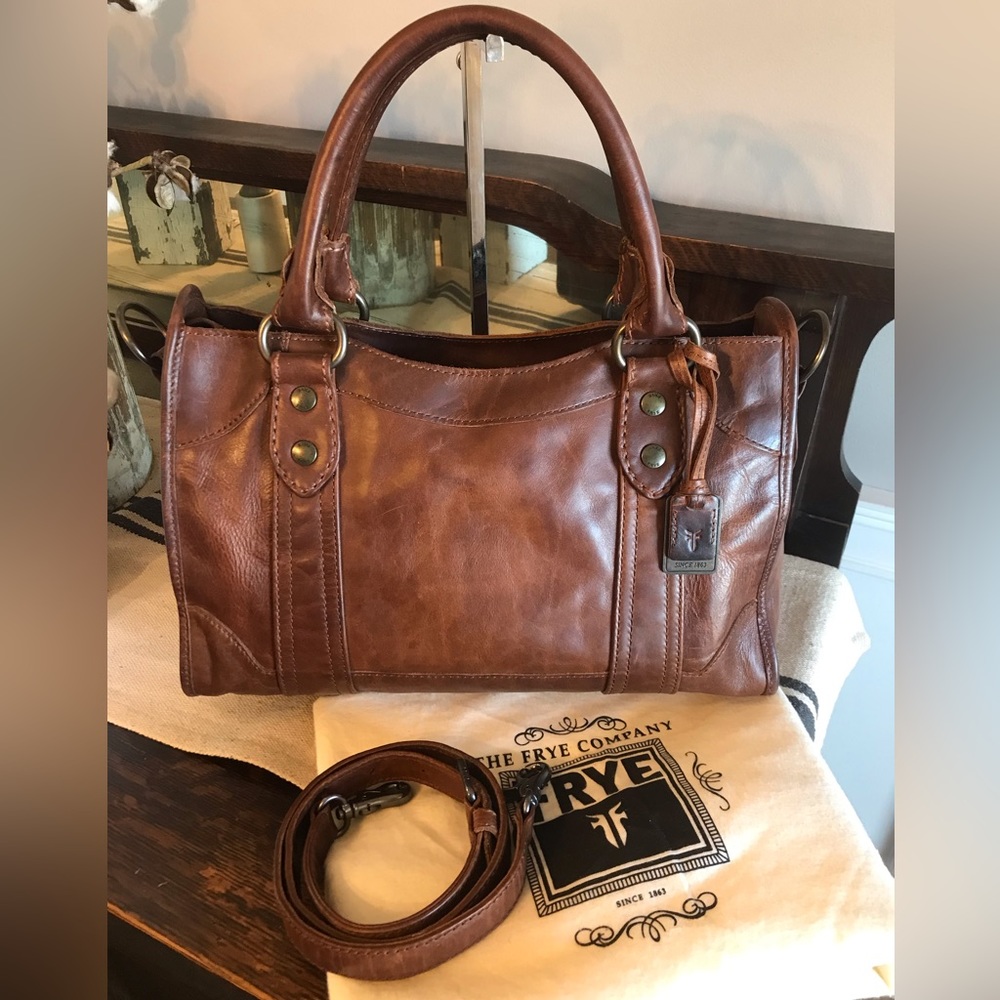Frye Melissa Leather Satchel Crossbody Cognac Brown Retail $388